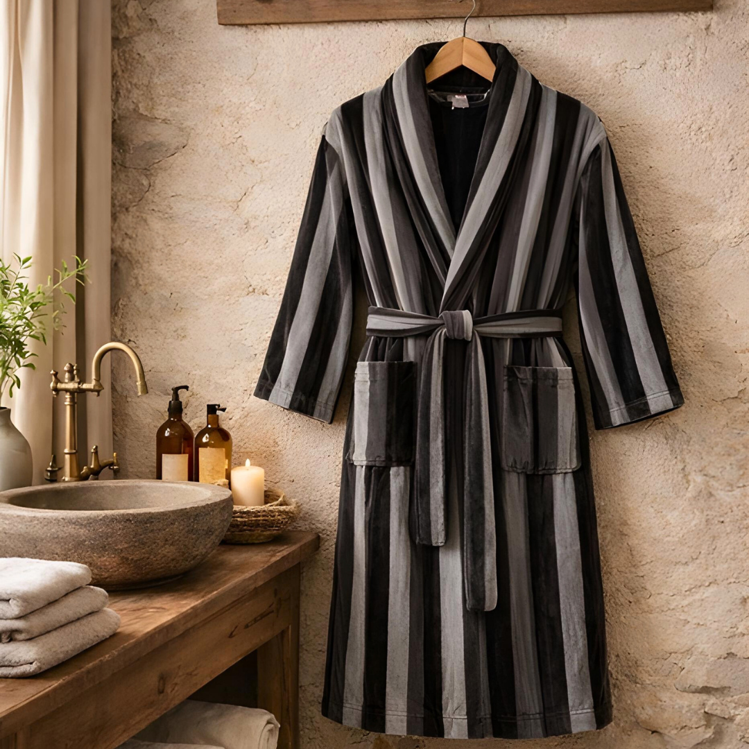 Stripe Premium 100% Cotton Men's Bathrobe Navy