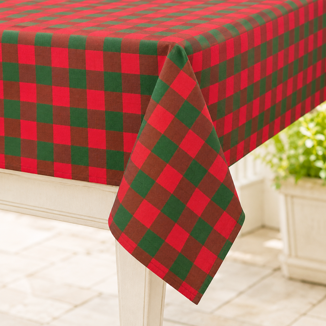Check Woven Linen Stain Resistant Table Cloth Red