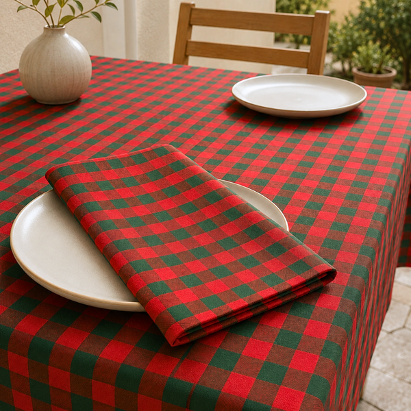 Check Woven Linen Stain Resistant Table Cloth Red