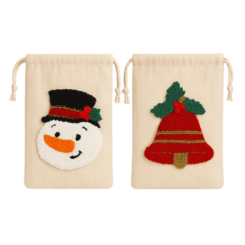 Snowman Kanaviçe Nakışlı Yılbaşı Hediye Kesesi 30x20 cm (2'li Set)