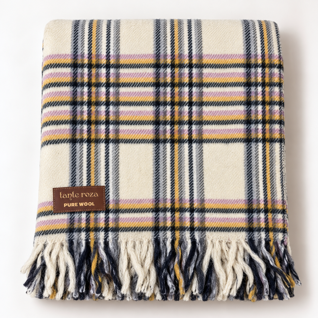 Woolmark Tartan Çift Kişilik Saf Yün Battaniye Gri/Pudra