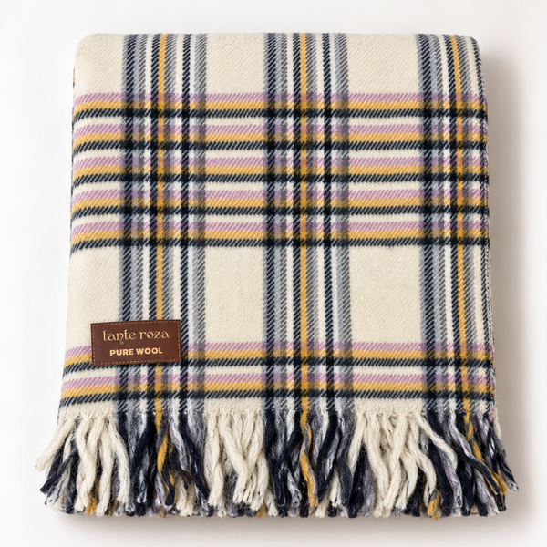 Woolmark Tartan Çift Kişilik Saf Yün Battaniye Gri/Pudra