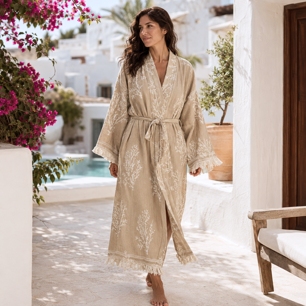 Coral Dokuma Pamuk Kimono/Sabahlık Vizon