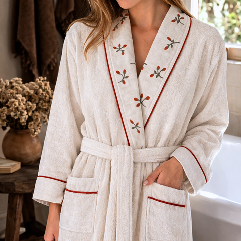 Roseberry Nakışlı Organik Pamuk Kadın Bornoz