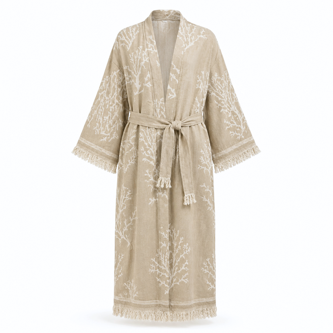 Coral Dokuma Pamuk Kimono/Sabahlık Vizon