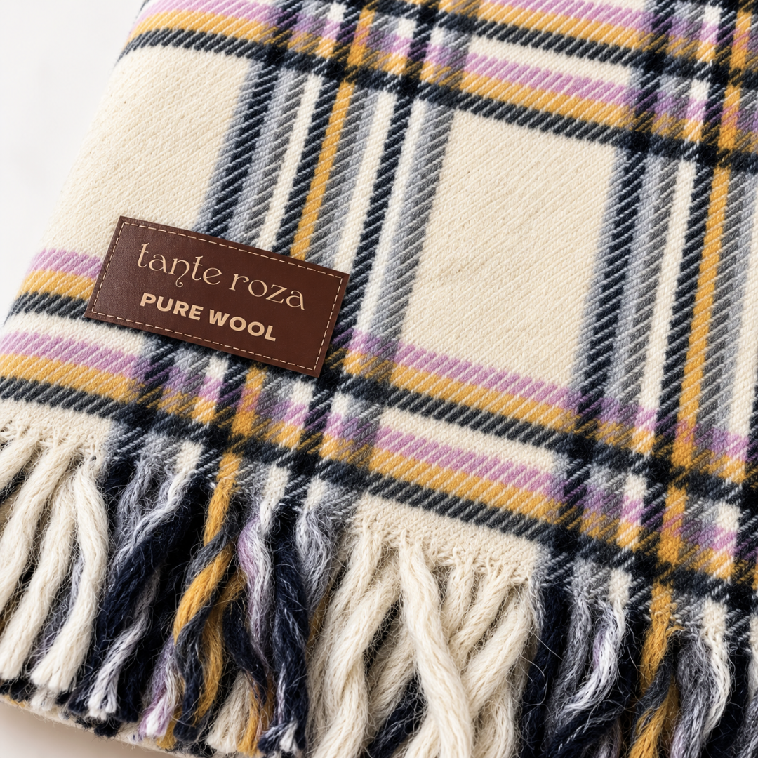 Woolmark Tartan Çift Kişilik Saf Yün Battaniye Gri/Pudra