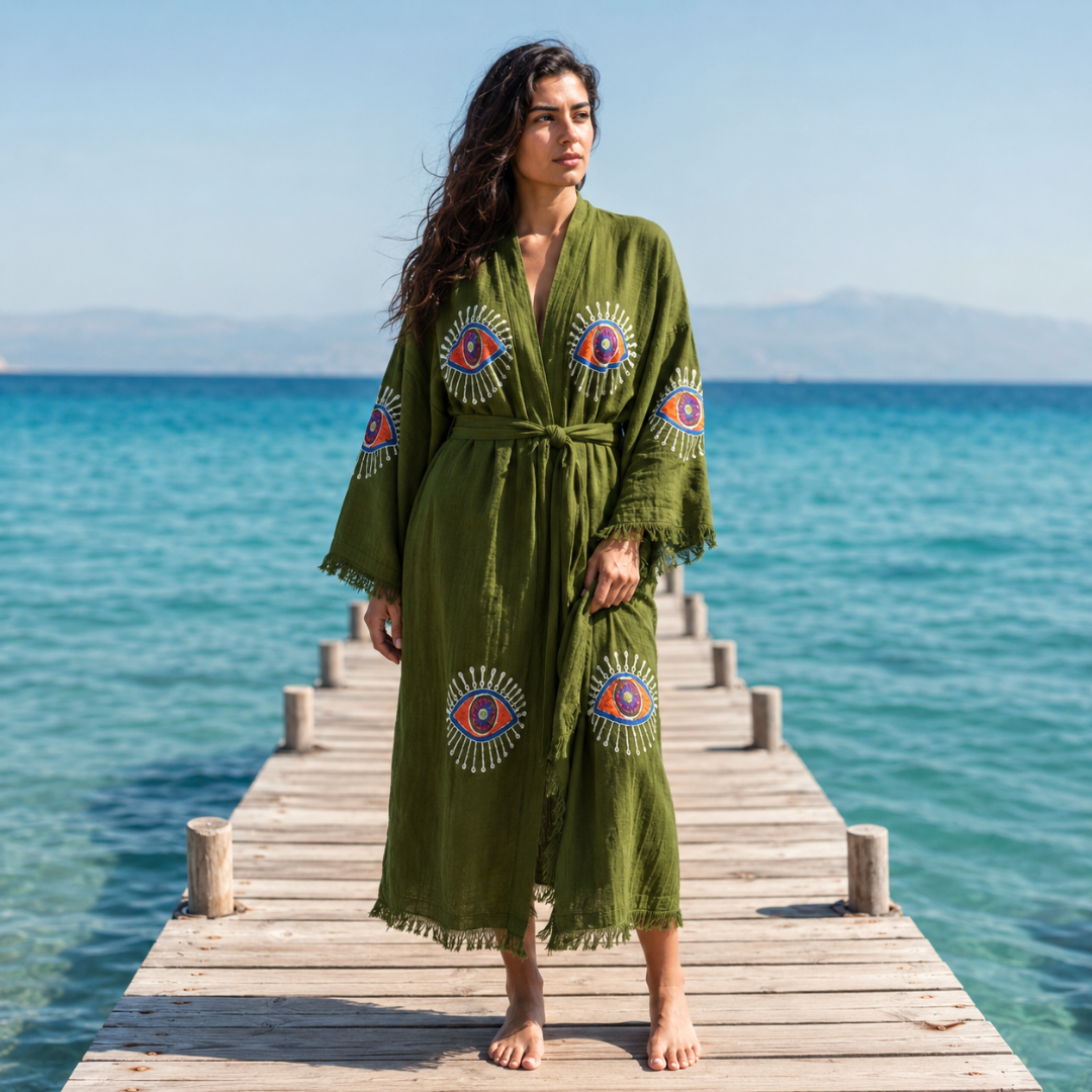 Gaia Taş Baskı Pamuk Kimono Haki