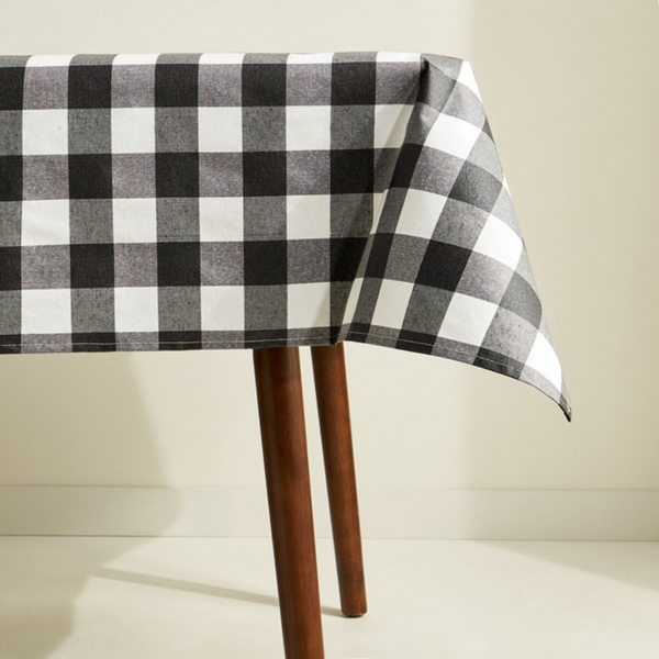 Check Woven Linen Stain Resistant Table Cloth Black