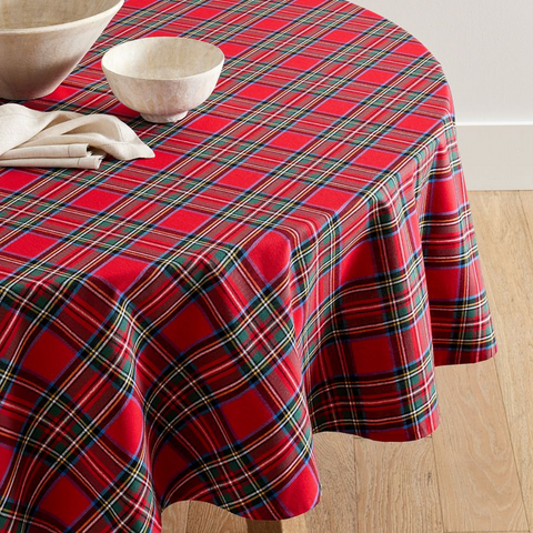 Tartan Dokuma Leke Tutmaz Yuvarlak Masa Örtüsü Kırmızı