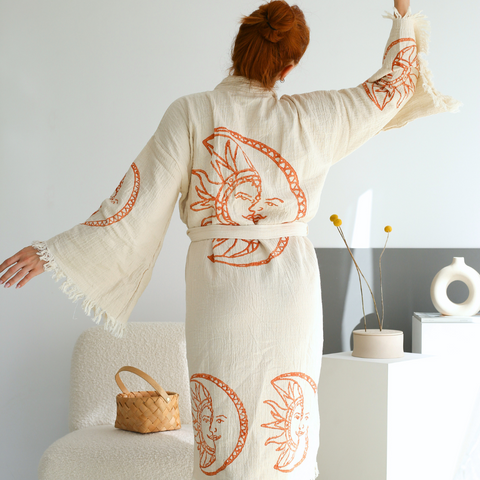 Moon %100 Pamuk 4 Kat Müslin Kimono Bornoz