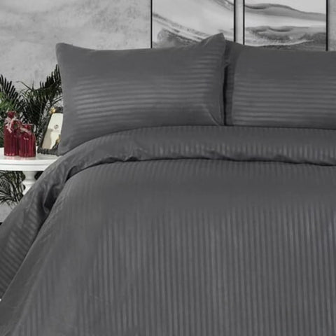 Como Deluxe Cotton Satin Striped Oversized Double Duvet Cover Set Anthracite