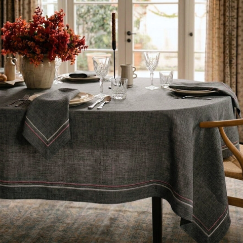 2 Sıra Piko Kenar Leke Tutmaz Keten Masa Örtüsü Granit Füme