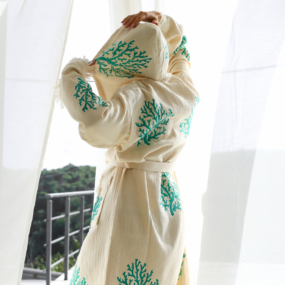 Coral %100 Pamuk 4 Kat Müslin Kimono Bornoz