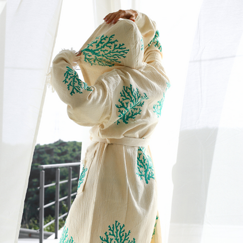 Coral %100 Pamuk 4 Kat Müslin Kimono Bornoz
