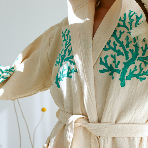 Coral %100 Pamuk 4 Kat Müslin Kimono Bornoz
