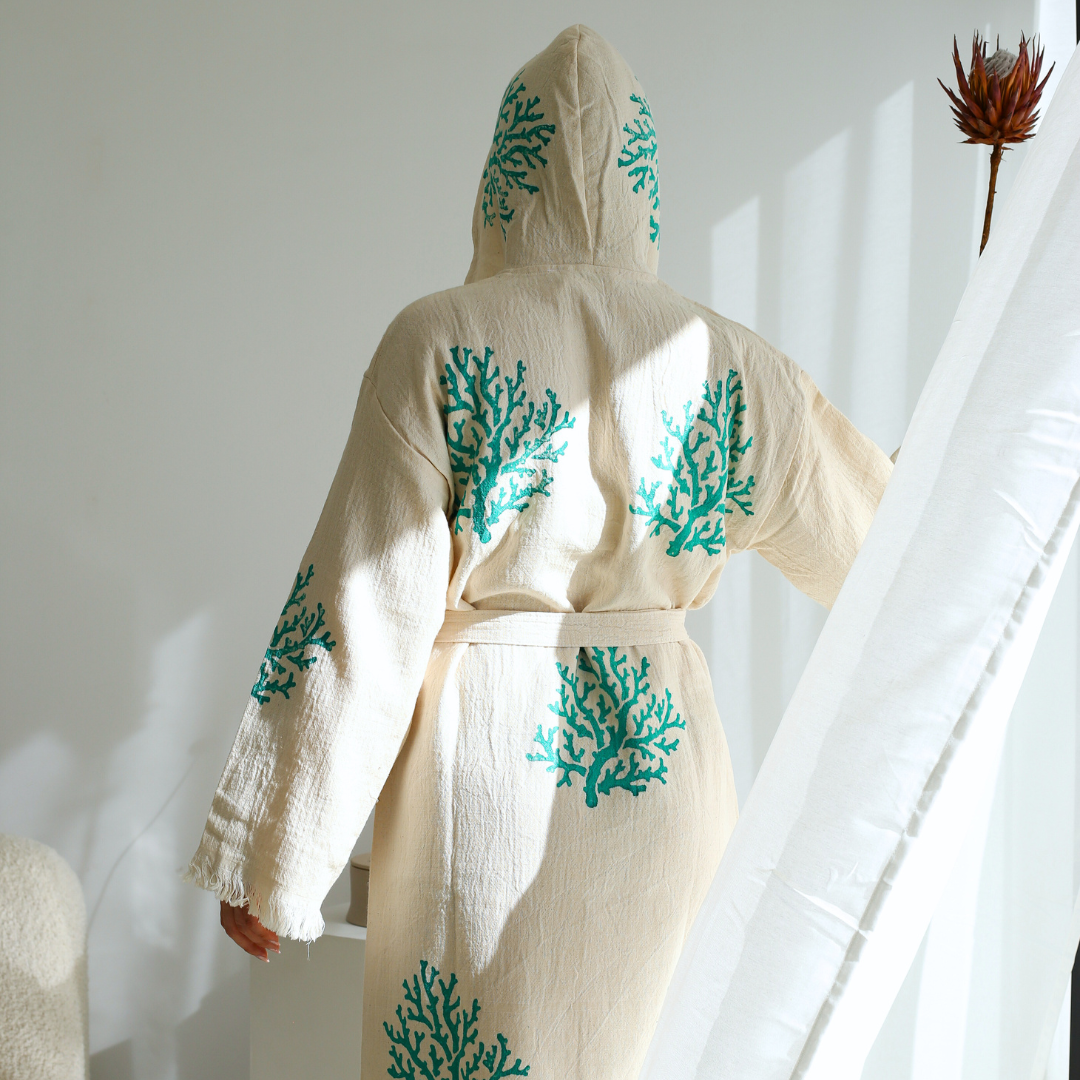 Coral %100 Pamuk 4 Kat Müslin Kimono Bornoz