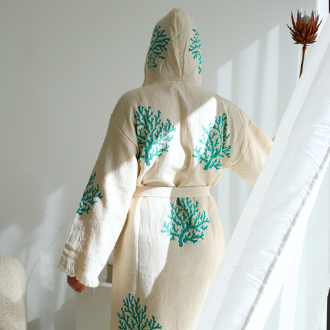 Coral %100 Pamuk 4 Kat Müslin Kimono Bornoz