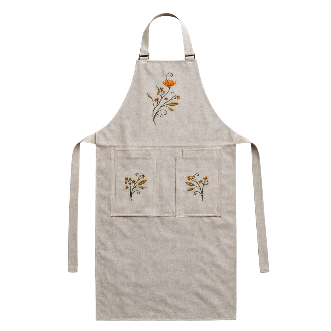 Rustic Bloom Tasarım Keten Mutfak Önlük Seti