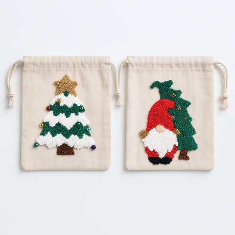 Merry & Tree Kanaviçe Nakışlı Yılbaşı Hediye Kesesi 15x20 cm (2'li Set)