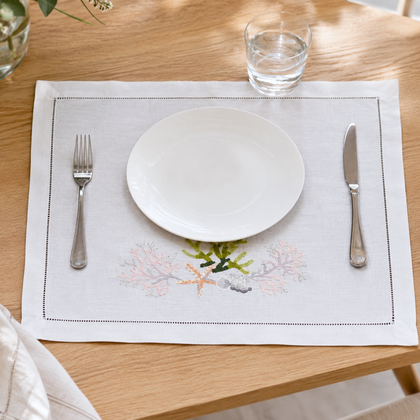 Coral Embroidered Linen Placemat Orange