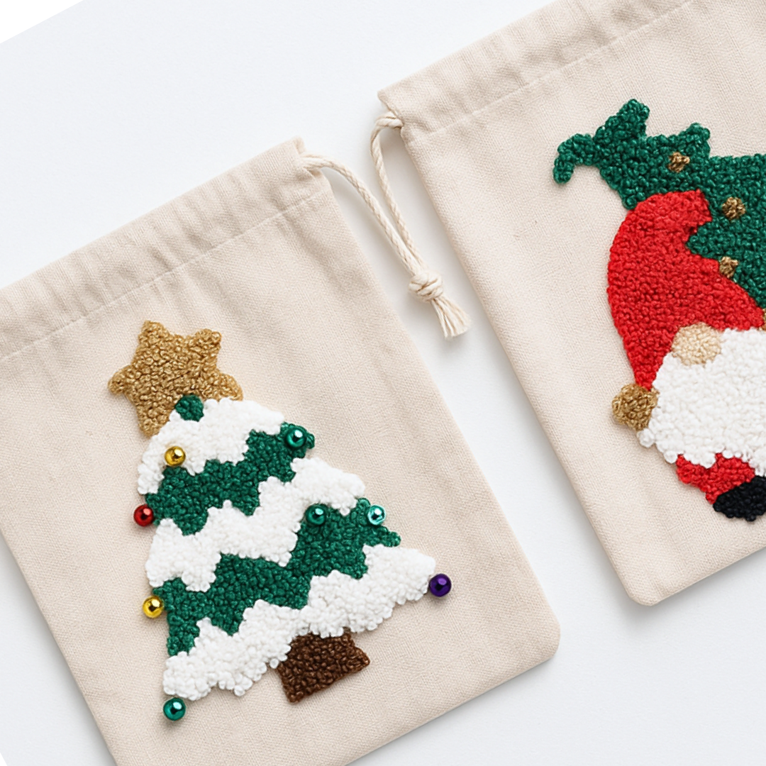 Merry & Tree Kanaviçe Nakışlı Yılbaşı Hediye Kesesi 15x20 cm (2'li Set)