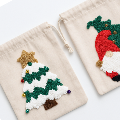 Merry & Tree Kanaviçe Nakışlı Yılbaşı Hediye Kesesi 15x20 cm (2'li Set)