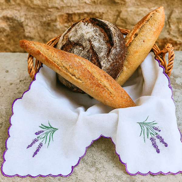 Lavender Nakışlı Pamuk Ekmek Sepeti Örtüsü 60x60 cm
