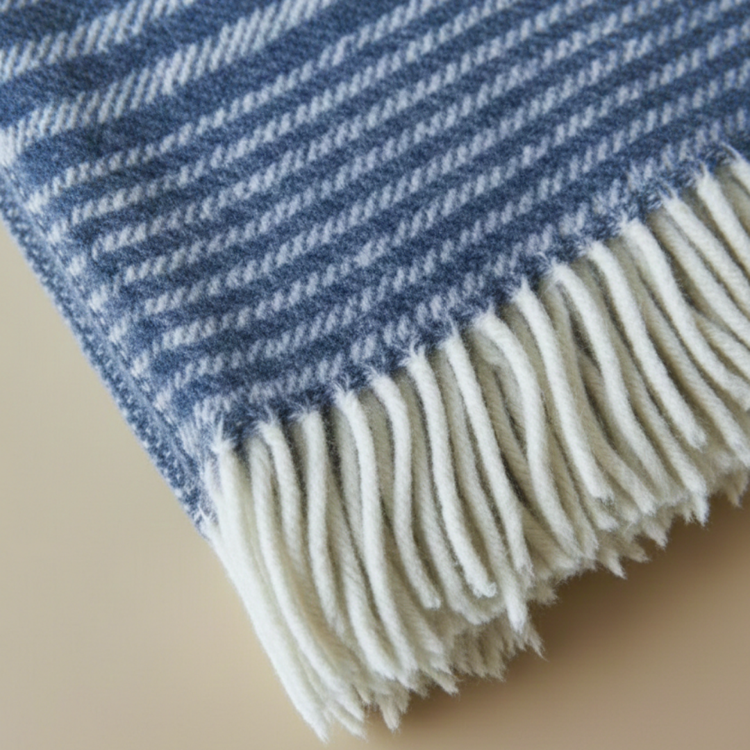 Woolmark Stripe Single Single Pure Wool Blanket Navy Blue