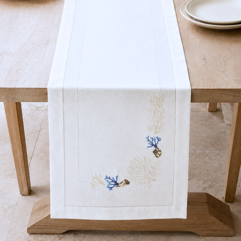 Coral Embroidered Linen Runner 50x160 cm Blue
