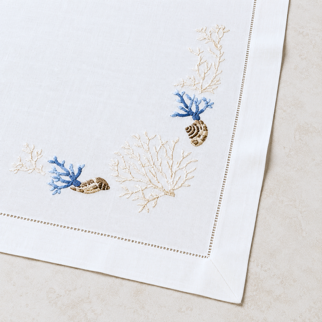 Coral Embroidered Linen Runner 50x160 cm Blue