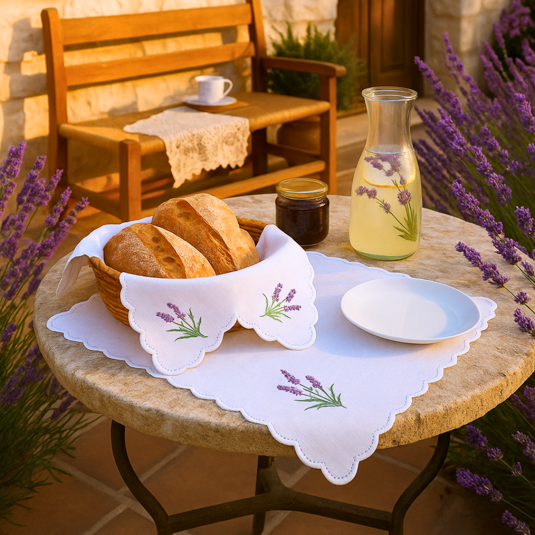 Lavender Nakışlı Pamuk Ekmek Sepeti Örtüsü 60x60 cm