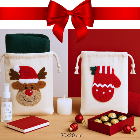 North Pole Kanaviçe Nakışlı Yılbaşı Hediye Kesesi 30x20 cm (2'li Set)