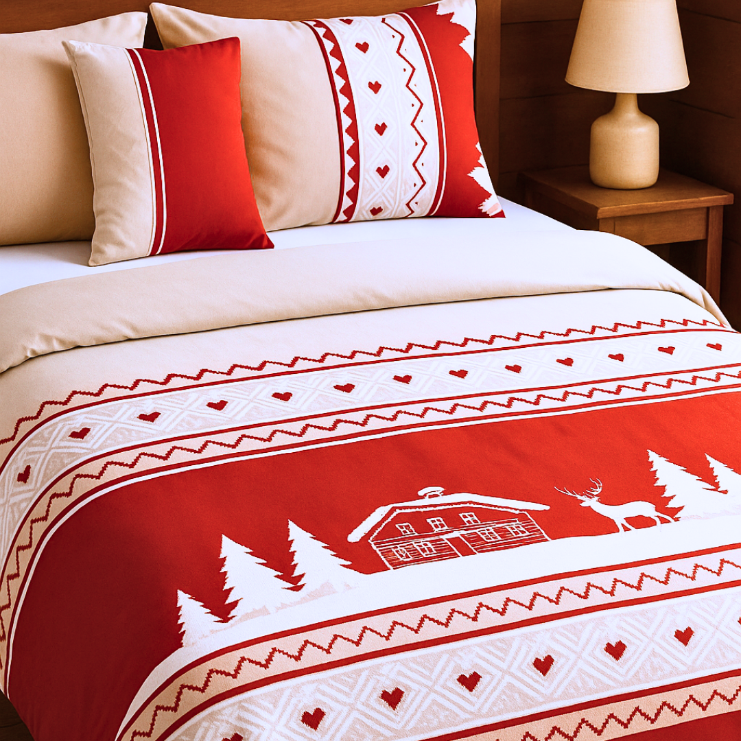 Winter House 100% Cotton Double Duvet Cover Set 200x220 cm Red