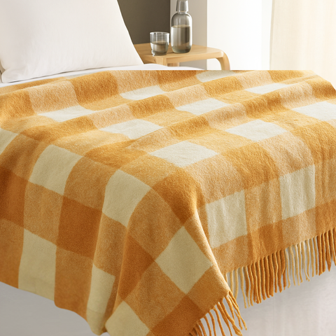 Woolmark Check Çift Kişilik Saf Yün Battaniye Safran