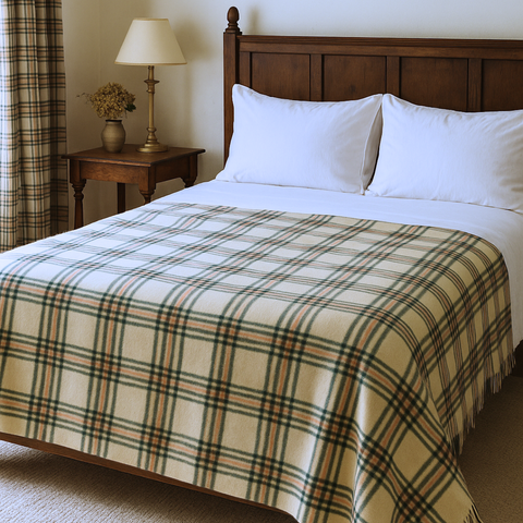 Woolmark Tartan Çift Kişilik Saf Yün Battaniye Krem