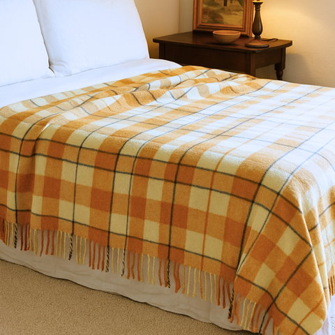 Woolmark Tartan Çift Kişilik Saf Yün Battaniye Safran