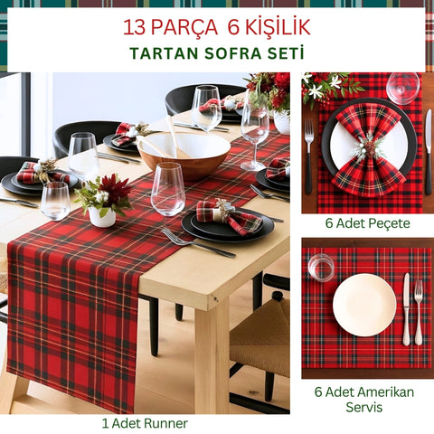 Tartan 6 Kişilik 13 Parça Leke Tutmaz Sofra Seti Kırmızı