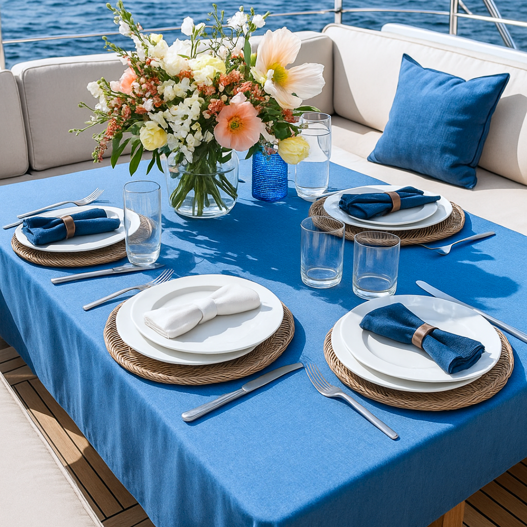 Yacht Keten Leke Tutmaz Tekne Masa Örtüsü Okyanus Mavisi