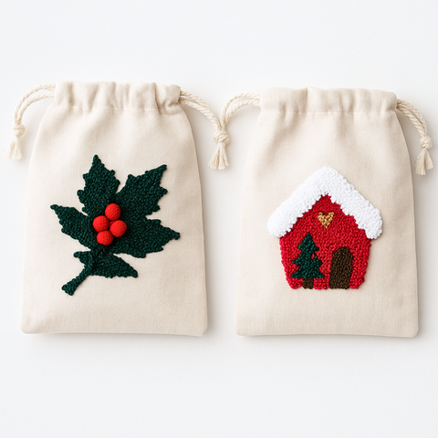 Winter Cottage Kanaviçe Nakışlı Yılbaşı Hediye Kesesi 15x20 cm (2'li Set)