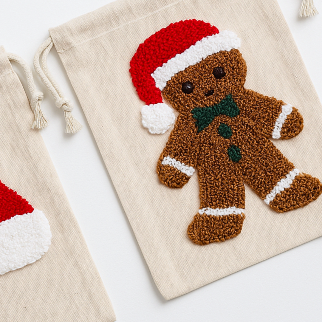 Ginger & Santa Kanaviçe Nakışlı Yılbaşı Hediye Kesesi 15x20 cm (2'li Set)