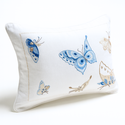 Marbella Butterfly Embroidered 30x40 cm Throw Pillow Cover Blue