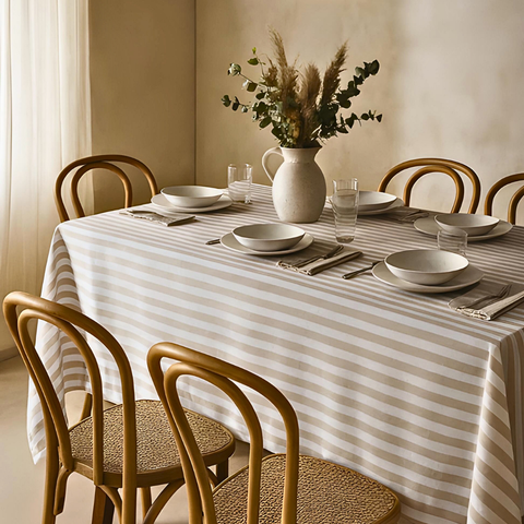 Stripe Dokuma Keten Leke Tutmaz Masa Örtüsü Bej
