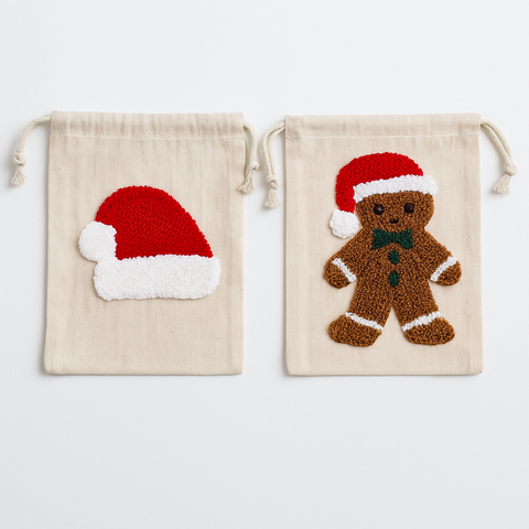 Ginger & Santa Kanaviçe Nakışlı Yılbaşı Hediye Kesesi 15x20 cm (2'li Set)