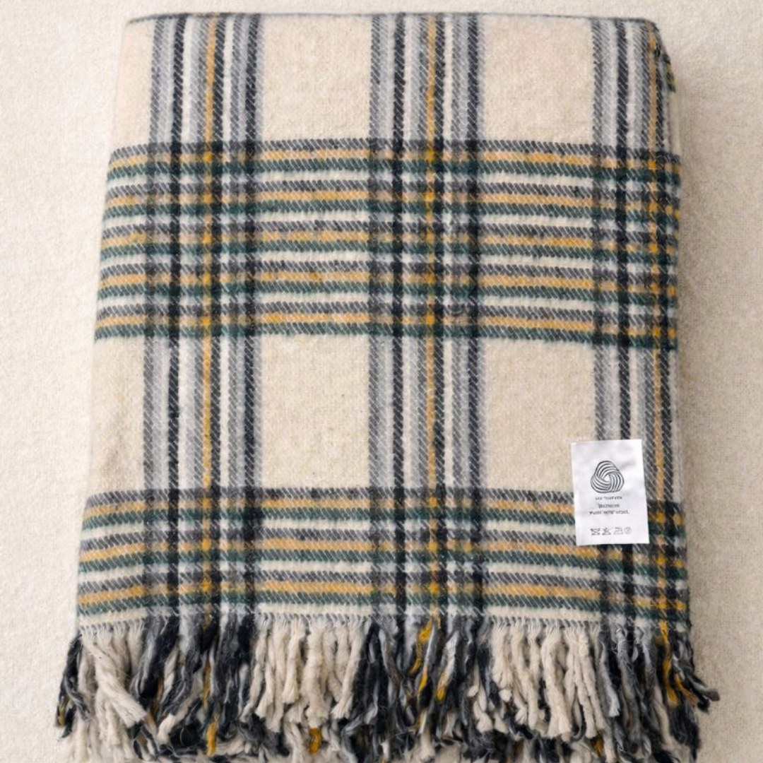 Woolmark Tartan Çift Kişilik Saf Yün Battaniye Yeşil/Krem