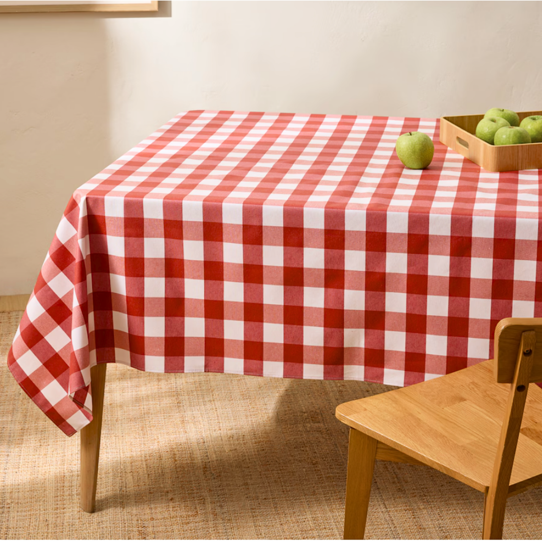 Check Woven Linen Stain Resistant Table Cloth Red