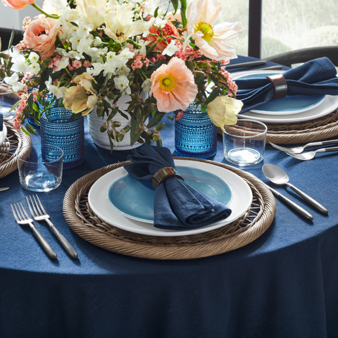 Genoa Woven Linen Stain Resistant Table Cloth Navy Blue