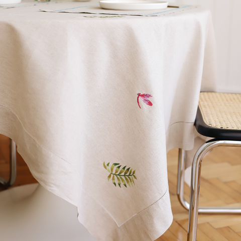 Liana Embroidered Natural Linen Table Cloth Set 160x160 cm