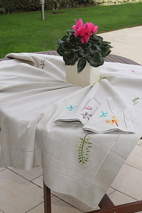 Liana Embroidered Natural Linen Table Cloth Set 160x160 cm