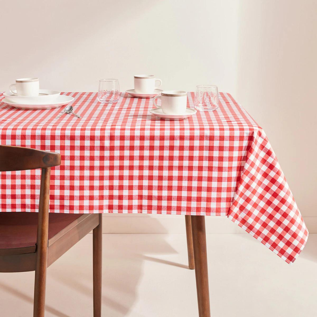 Check Woven Linen Stain Resistant Table Cloth Red