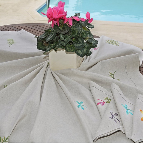 Liana Embroidered Natural Linen Table Cloth Set 160x160 cm